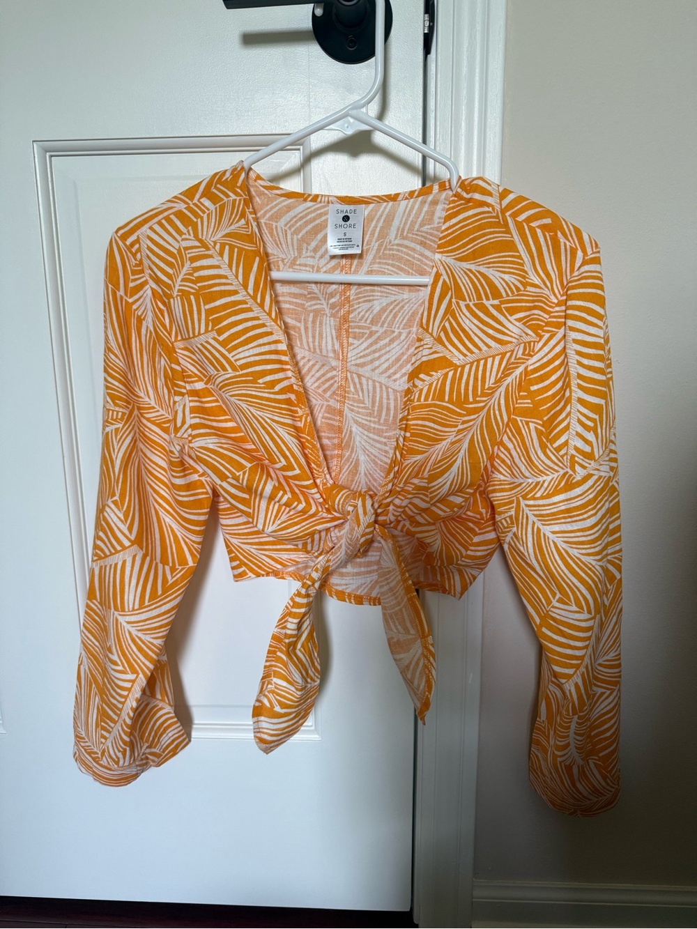 Shade & Shore Orange and White Leaf-Print Front-Tie Top